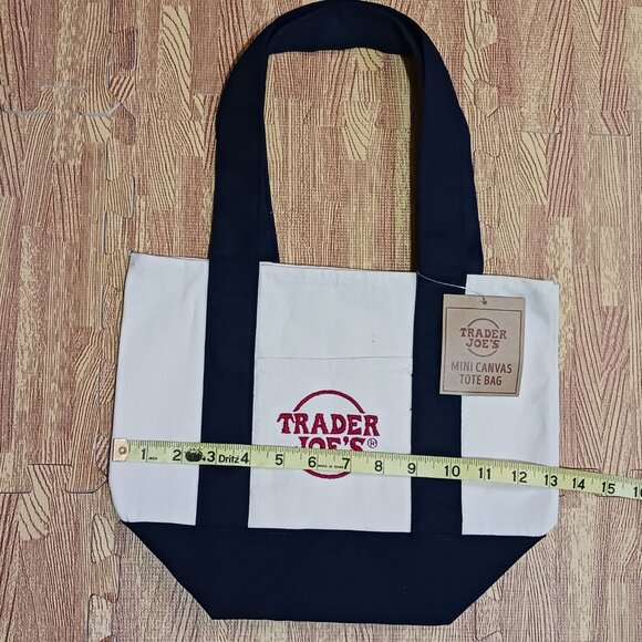 Trader Joe's Mini Canvas Tote Bag Cream Navy Blue Straps Red Embroidery - Picture 2 of 4